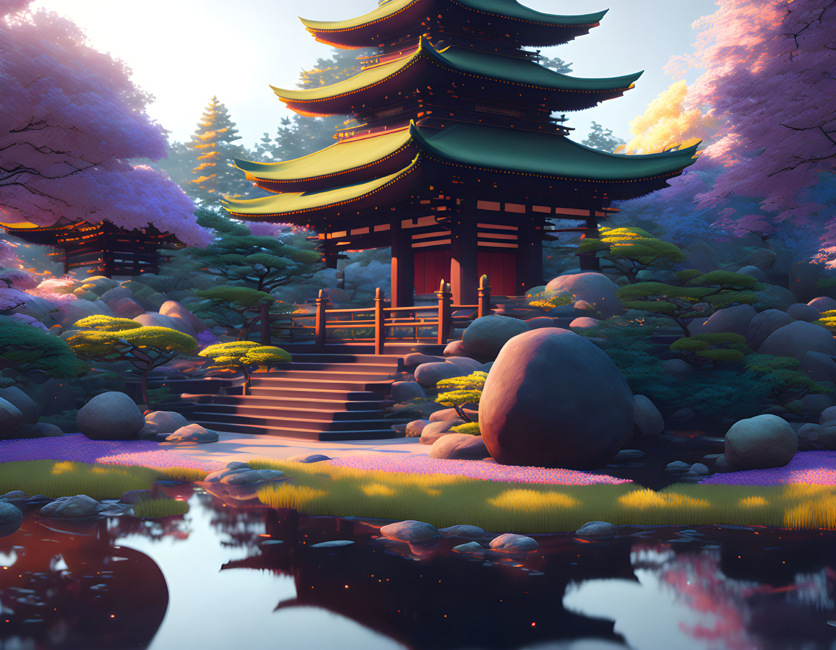 Tranquil Japanese garden with cherry blossoms, pond, and pagoda at sunset