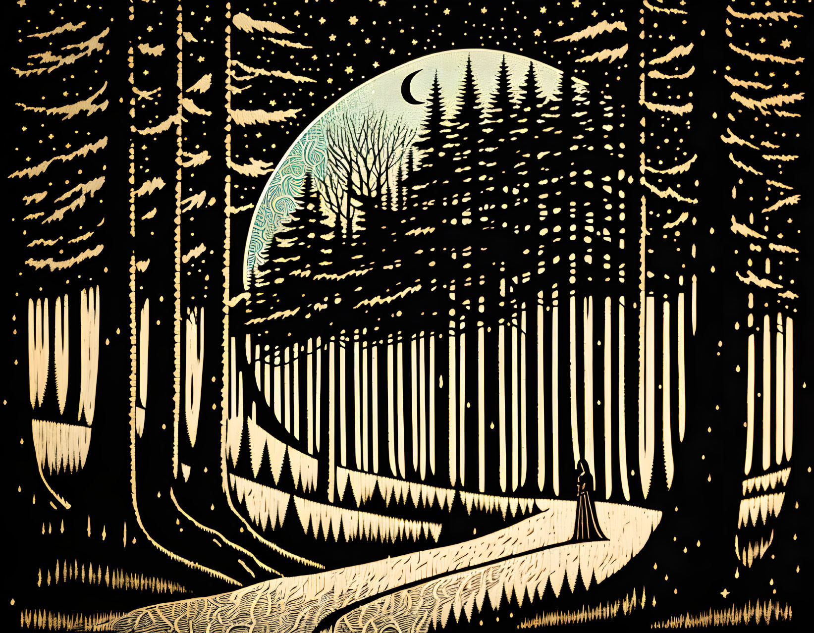 Stylized forest scene with tall trees, full moon, and solitary figure