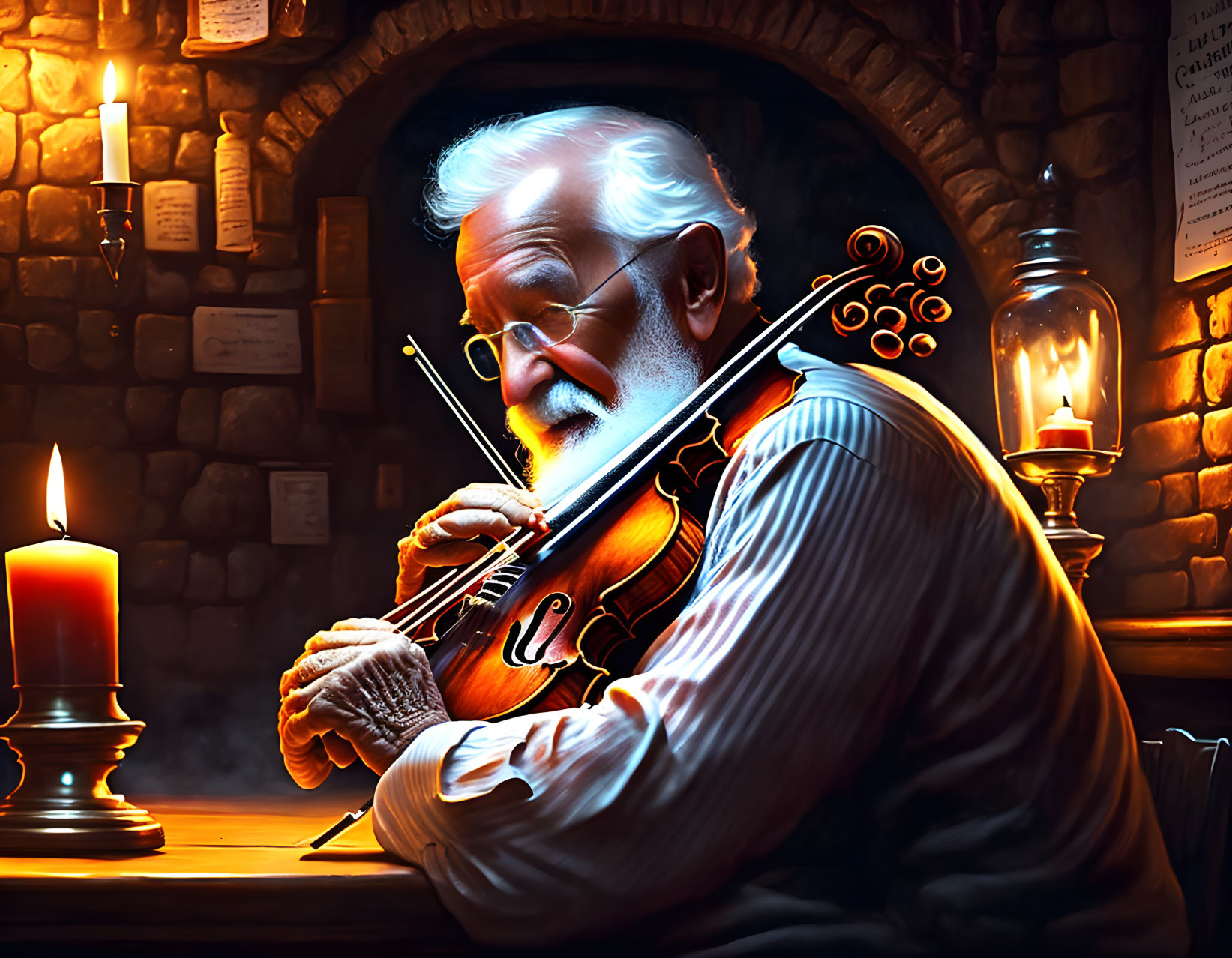 Elderly Man Playing Violin by Candlelight in Cozy Stone Room