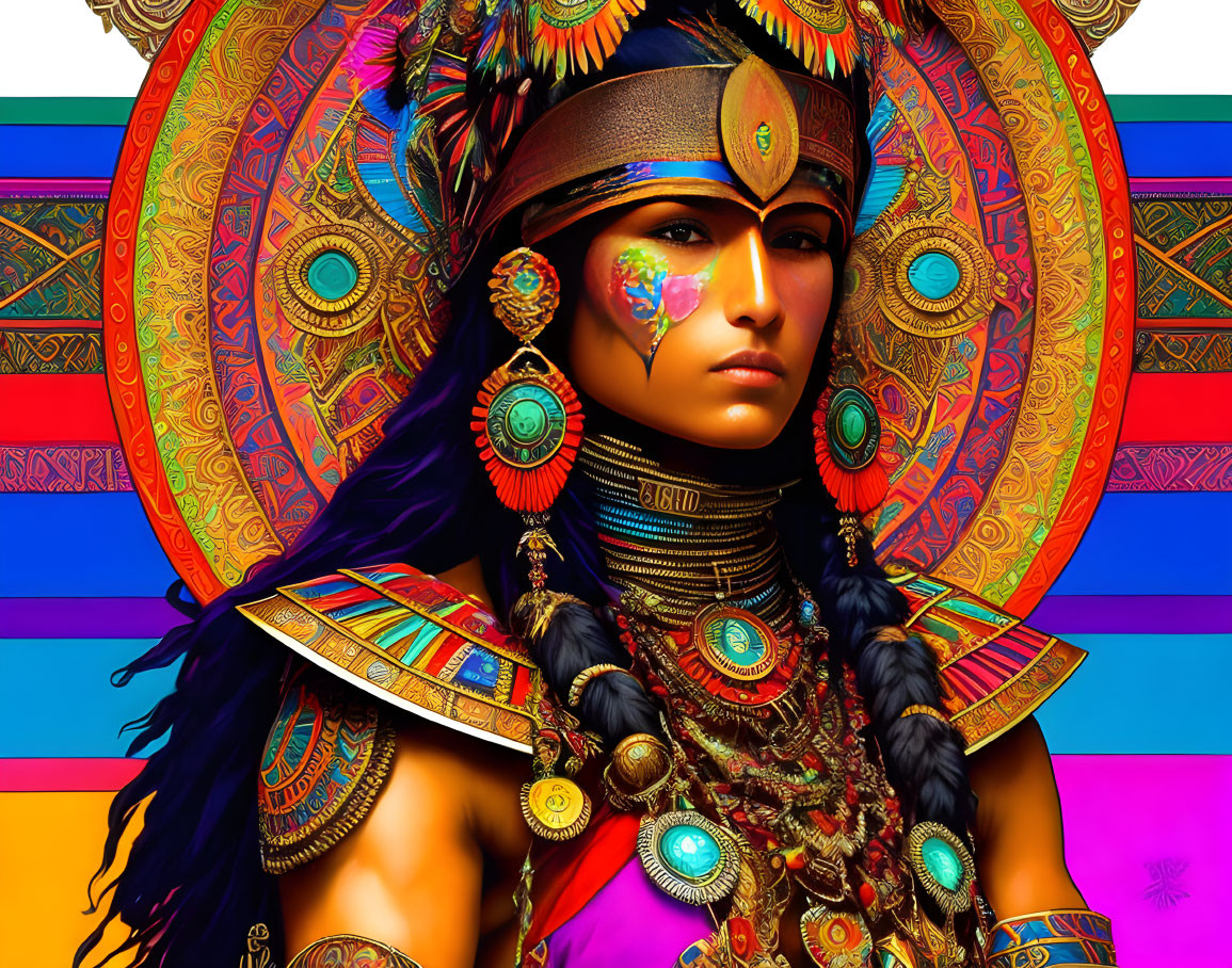 Colorful tribal attire illustration of a woman in intricate patterns