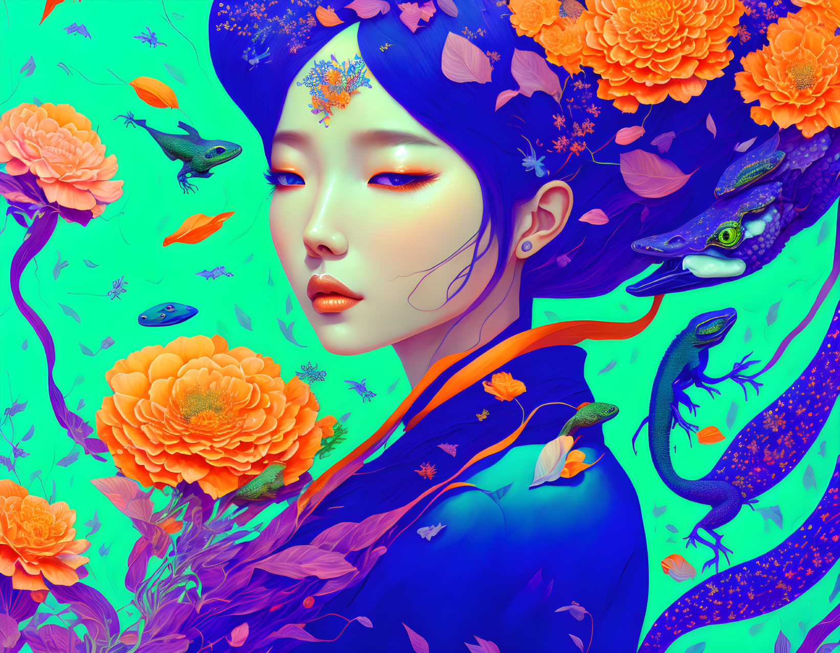 Colorful digital artwork: Woman with blue skin in vibrant, floral setting