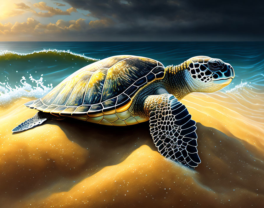 Sea Turtle on Sandy Beach with Waves and Sunset Sky