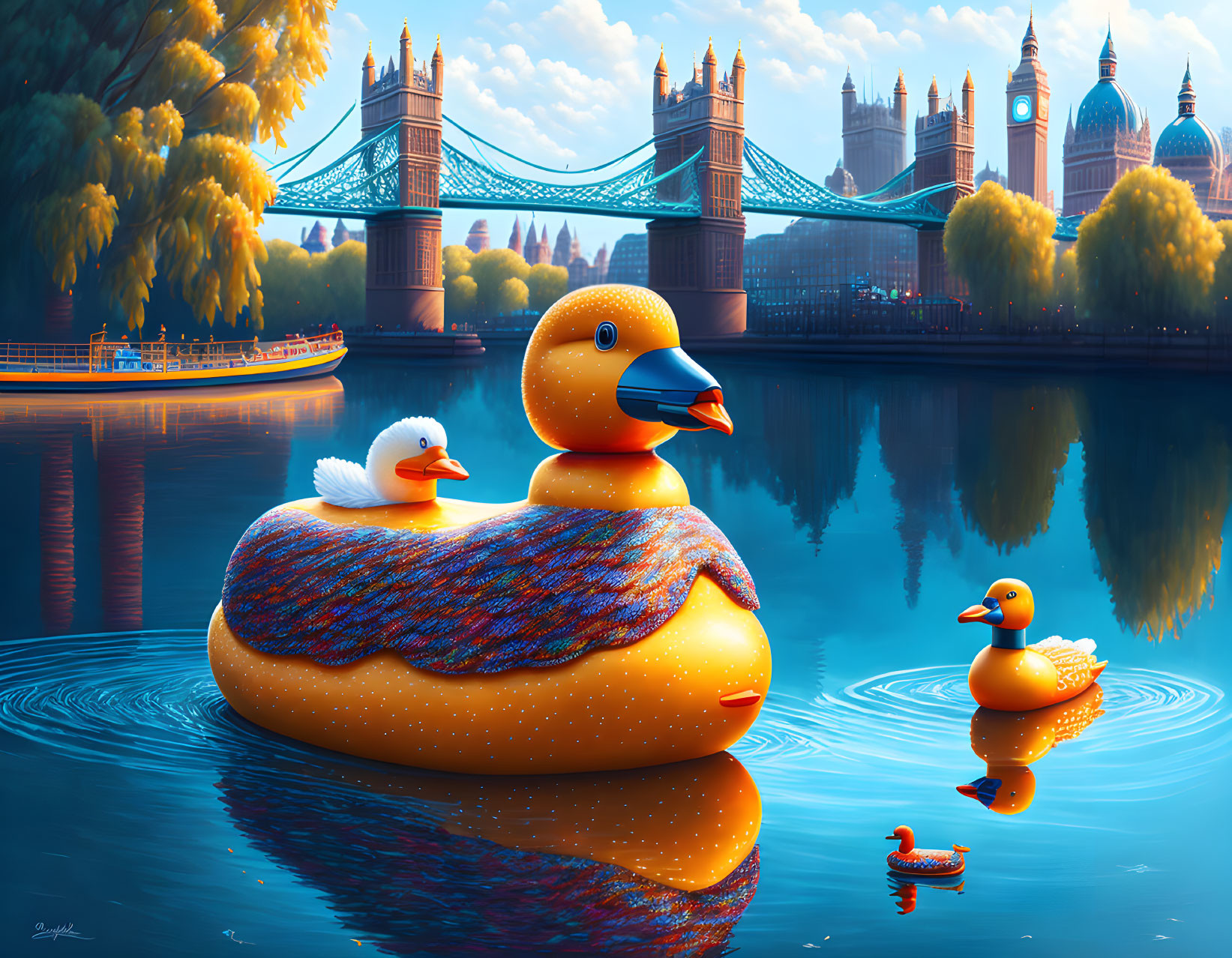 Giant Rubber Duck in Sweater Floats by Tower Bridge