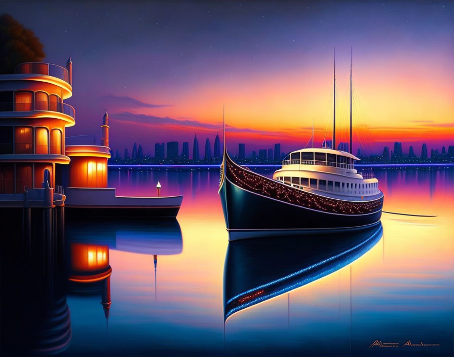 Digital artwork: Yacht and waterfront house at twilight