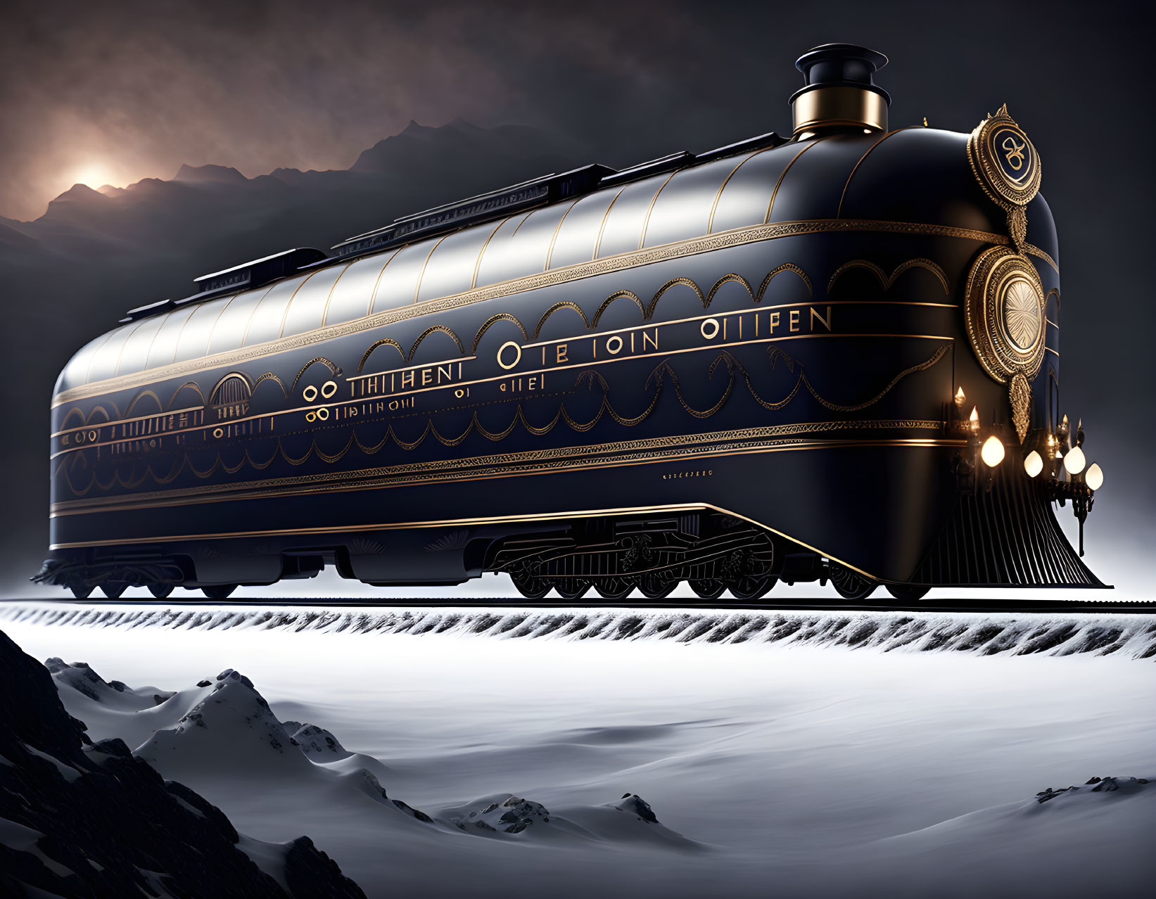 Black retro-futuristic train with golden details speeding through snowy landscape