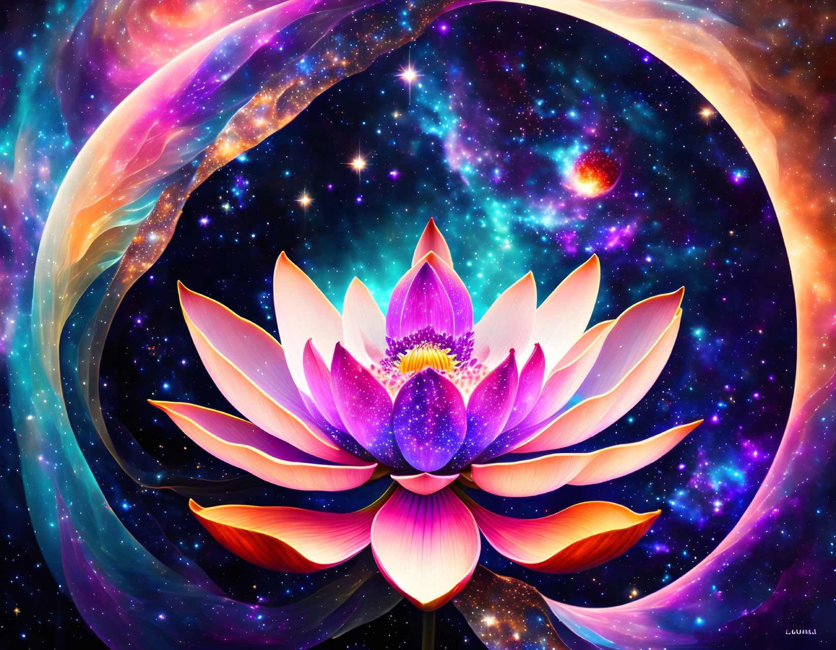 Colorful cosmic lotus flower in digital artwork with swirling galaxies and stars.