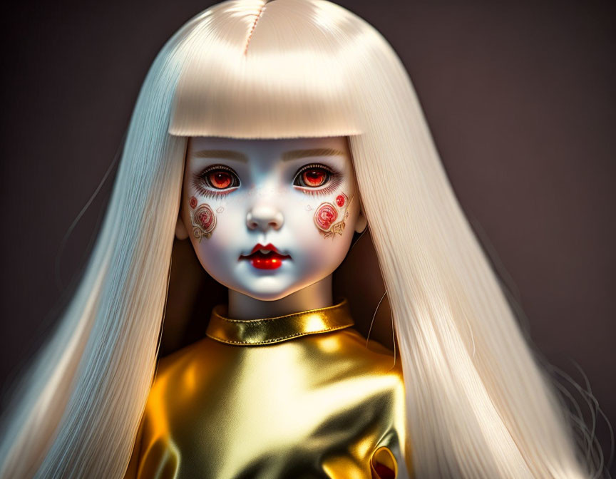 Doll-like figure with white hair, red facial patterns, and vibrant lips