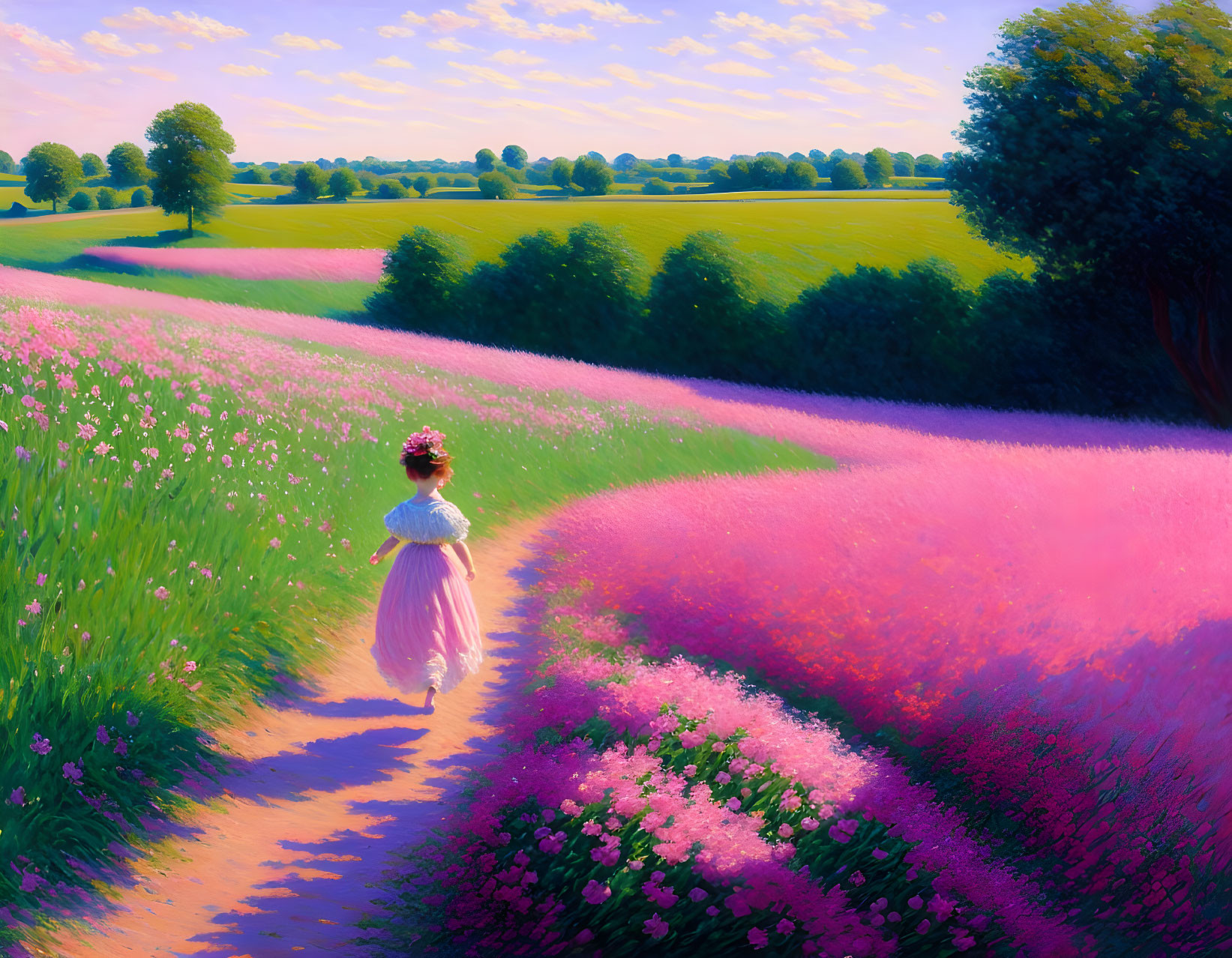 Woman in vintage dress strolling through vibrant pink flower fields