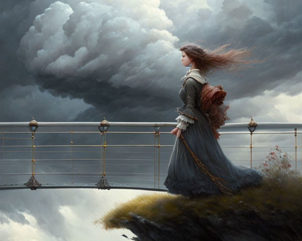 Historical dress woman on cliff gazes into distance with dramatic sky