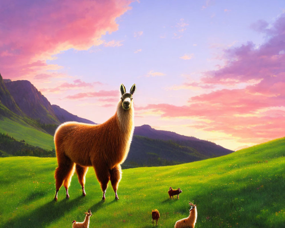 Proud llama on green hill with animals, sunset sky