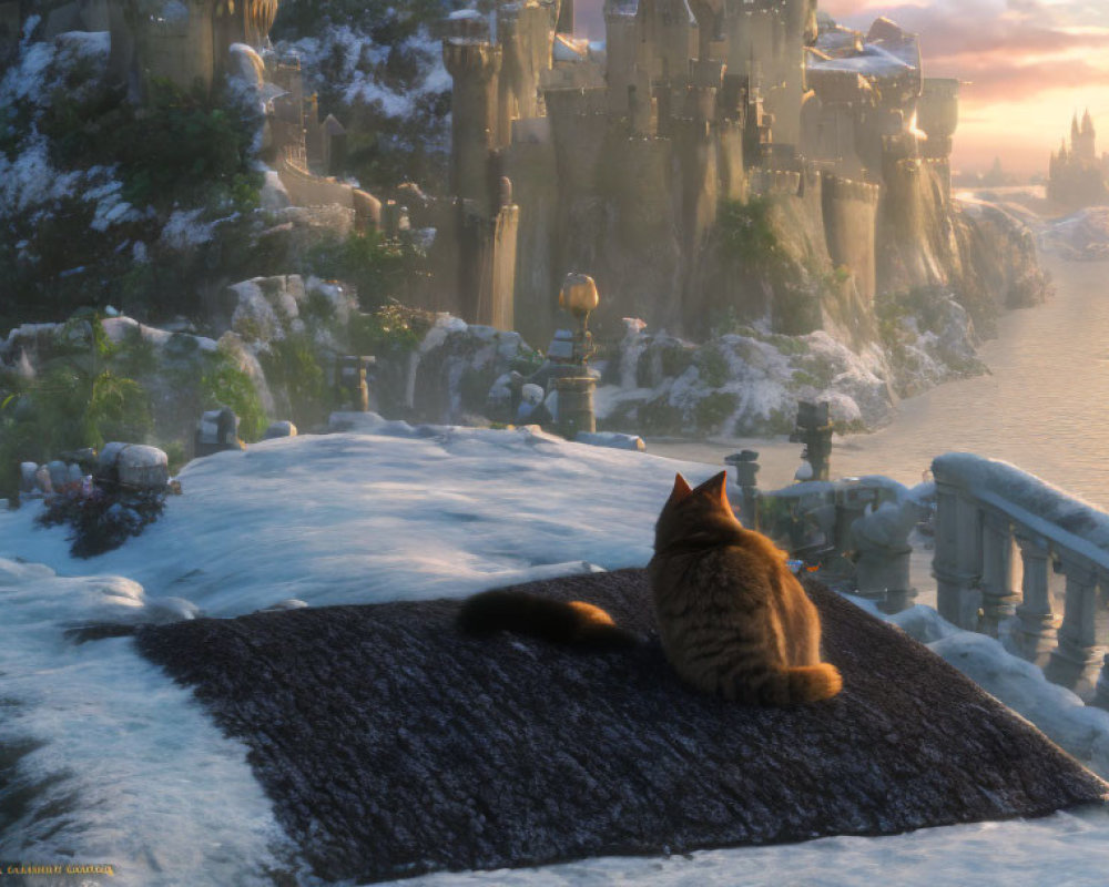 Cat on snowy balcony overlooking fantastical castle at sunrise or sunset