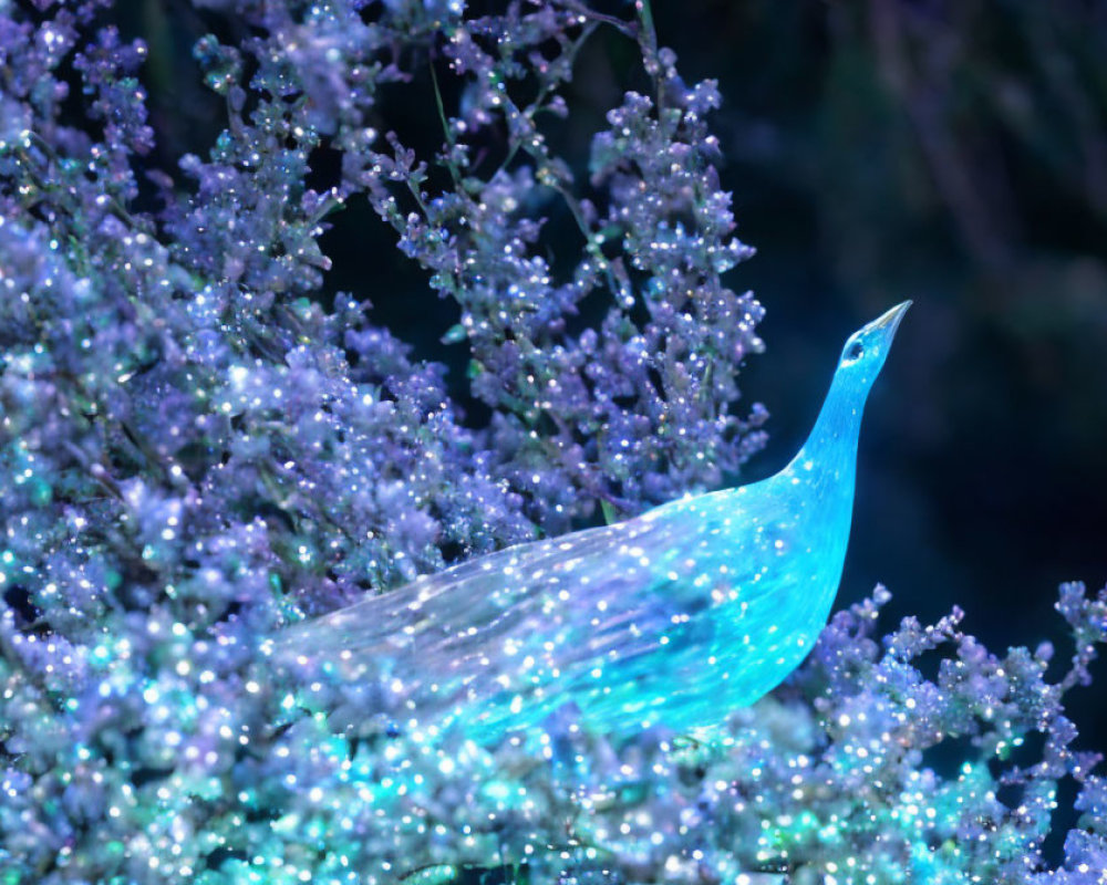 Blue Bird Sculpture with Purple Flowers and Twinkle Lights