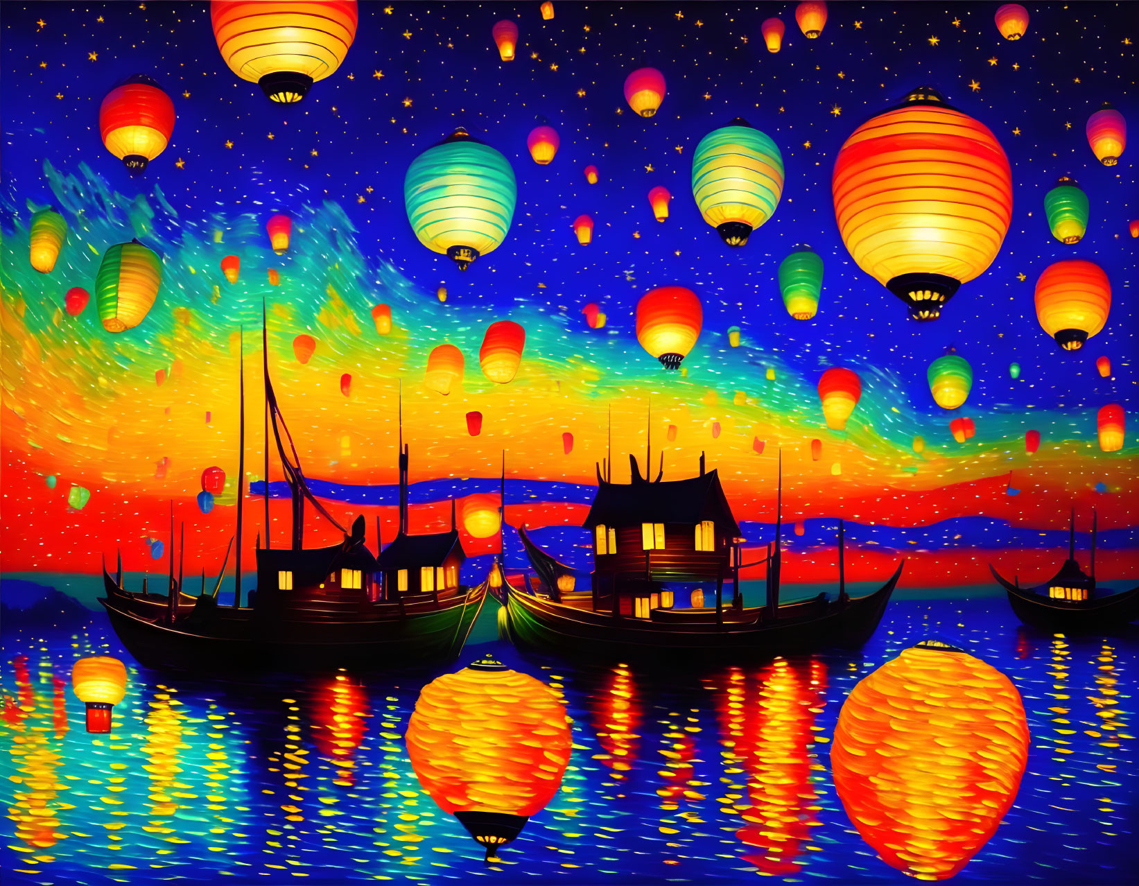 Colorful hot air balloons illuminate night scene over shimmering water.