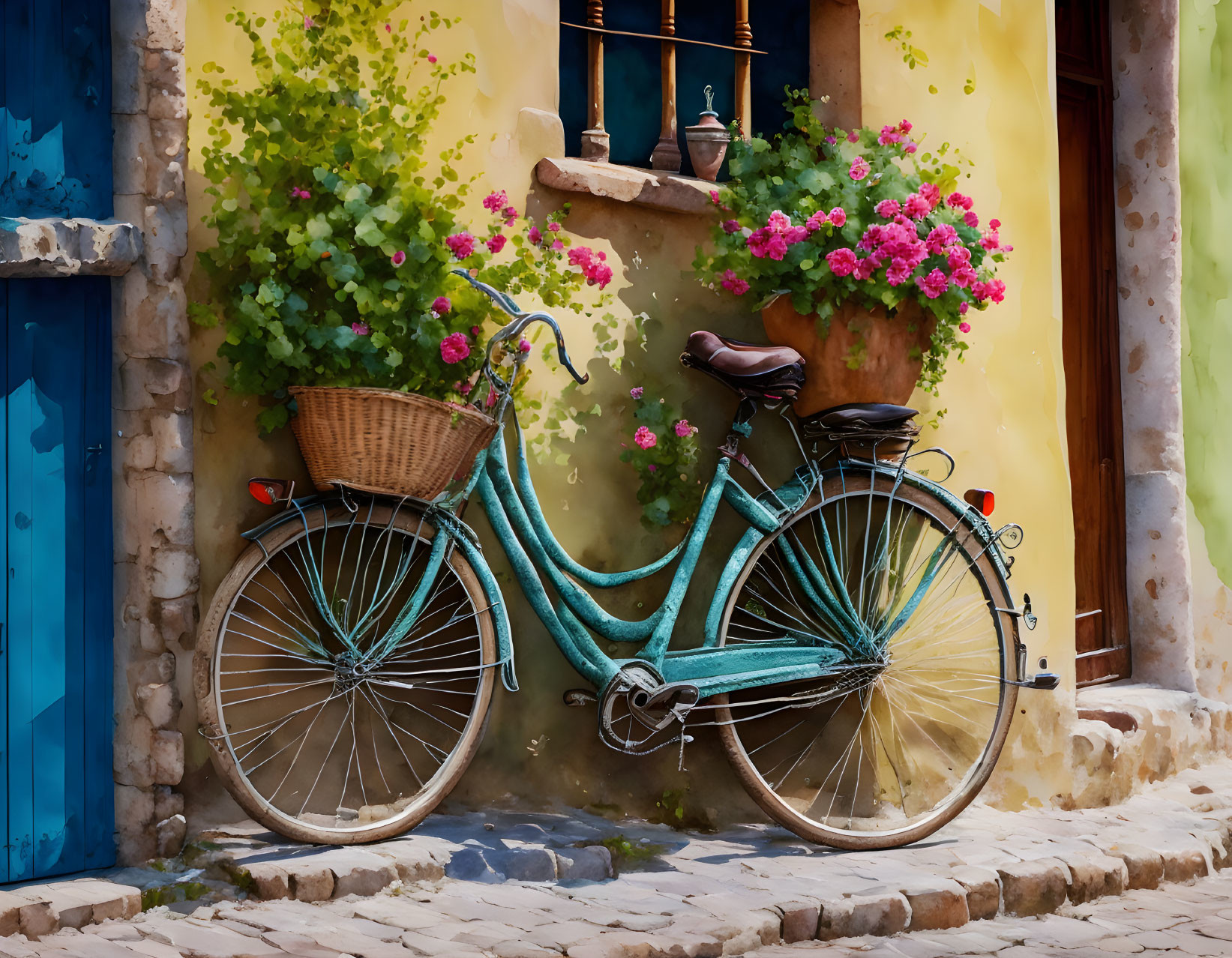Vintage Turquoise Bicycle with Basket Beside Yellow Stucco Wall and Pink Flowers