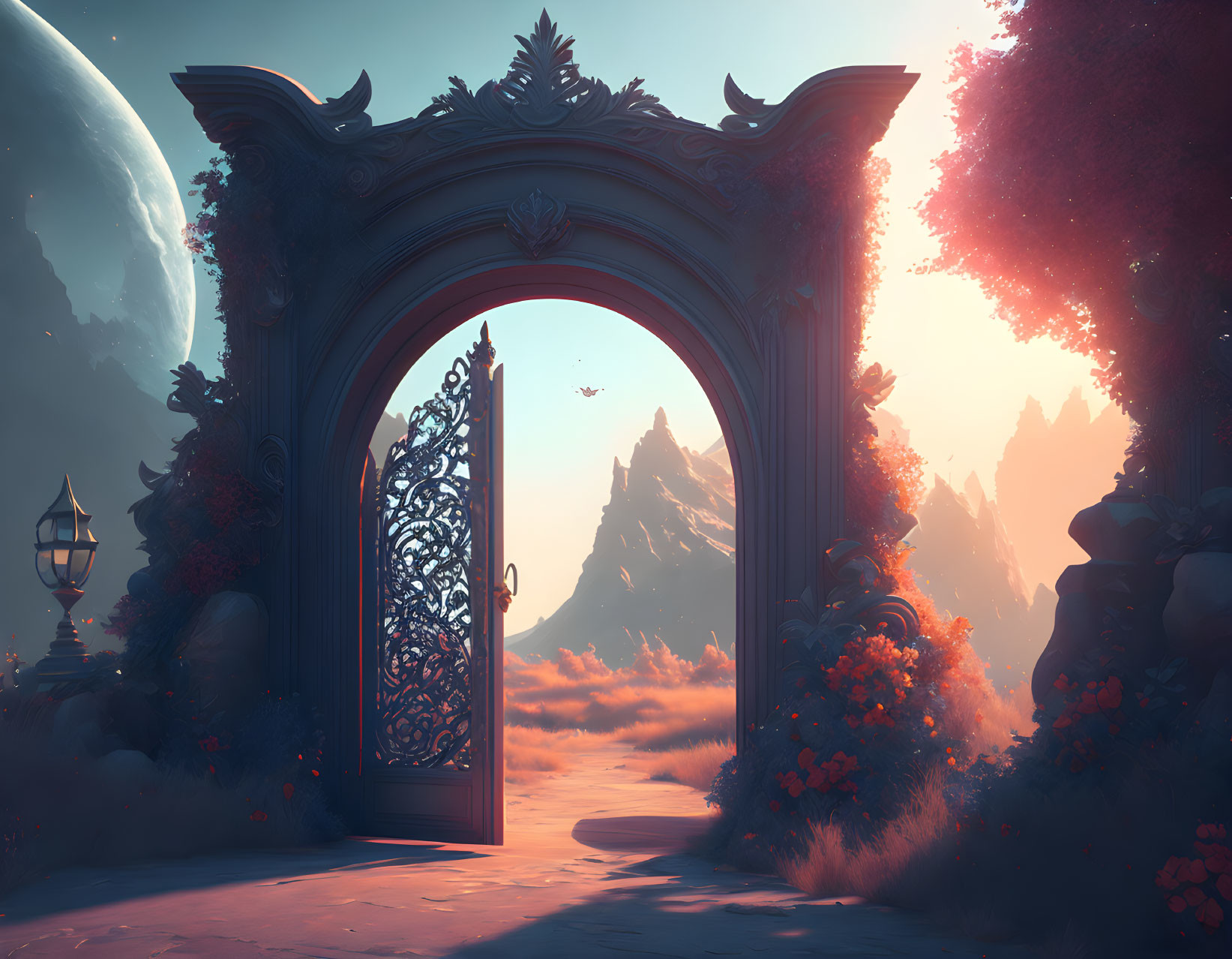 Intricate ornate gate in crimson mountain landscape