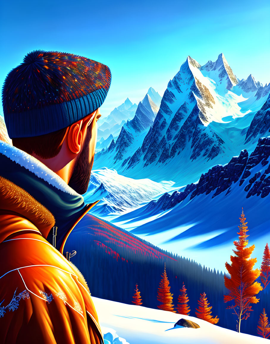 Bearded man in winter attire admiring vibrant snow-covered mountain landscape