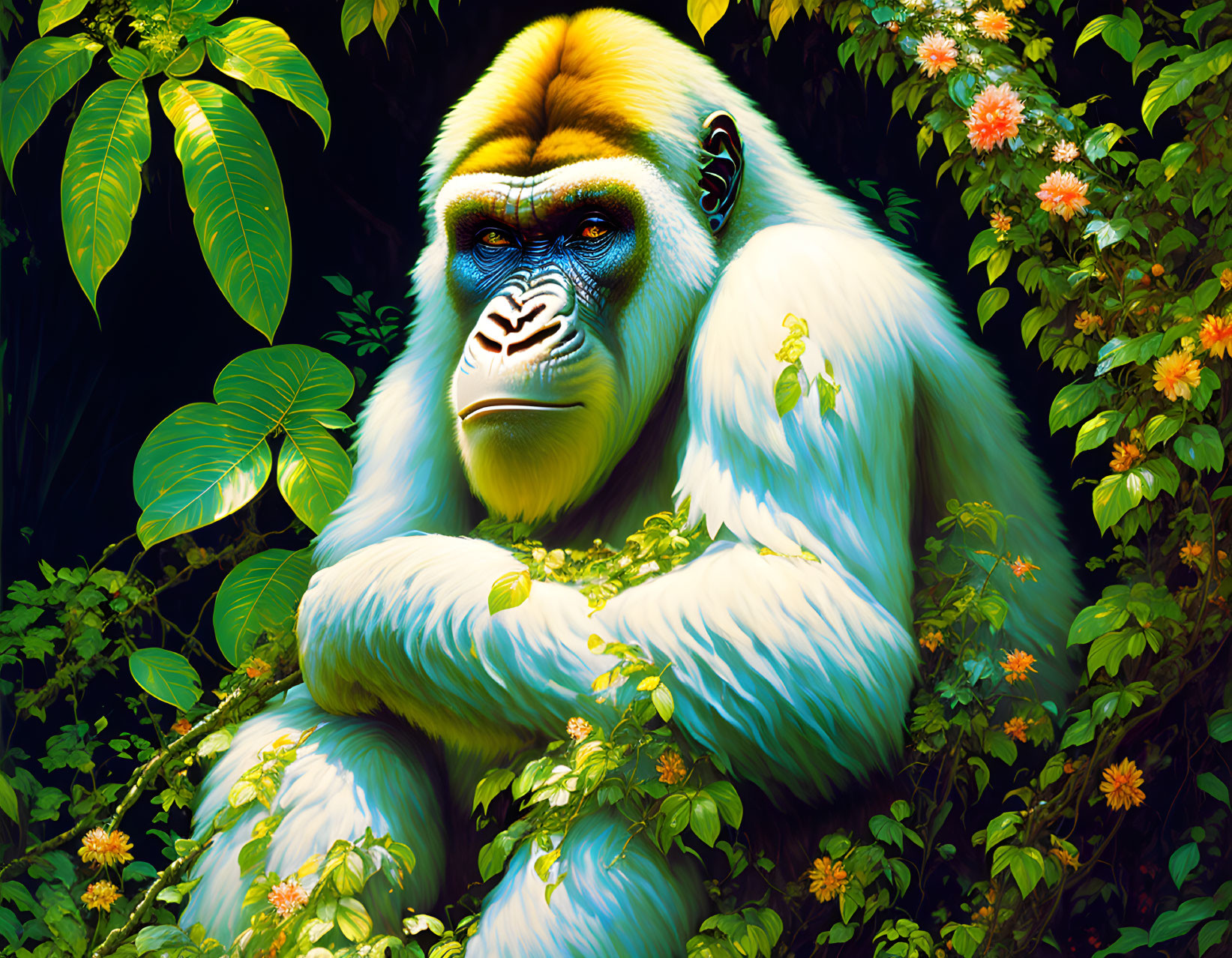 Colorful White Gorilla Illustration in Vibrant Jungle
