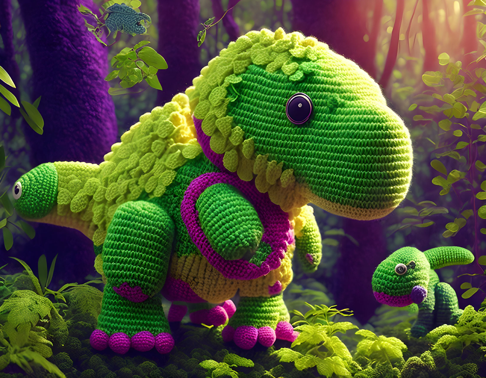 Colorful crochet dinosaurs in lush forest scene