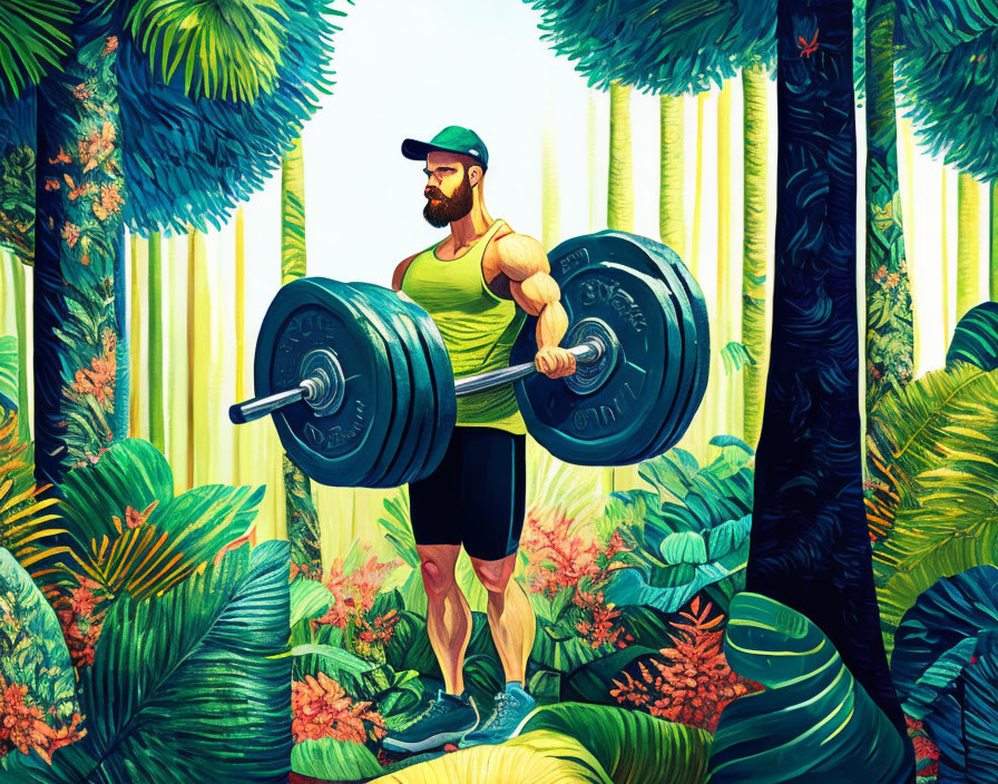 Bearded man lifting barbell in vibrant tropical setting