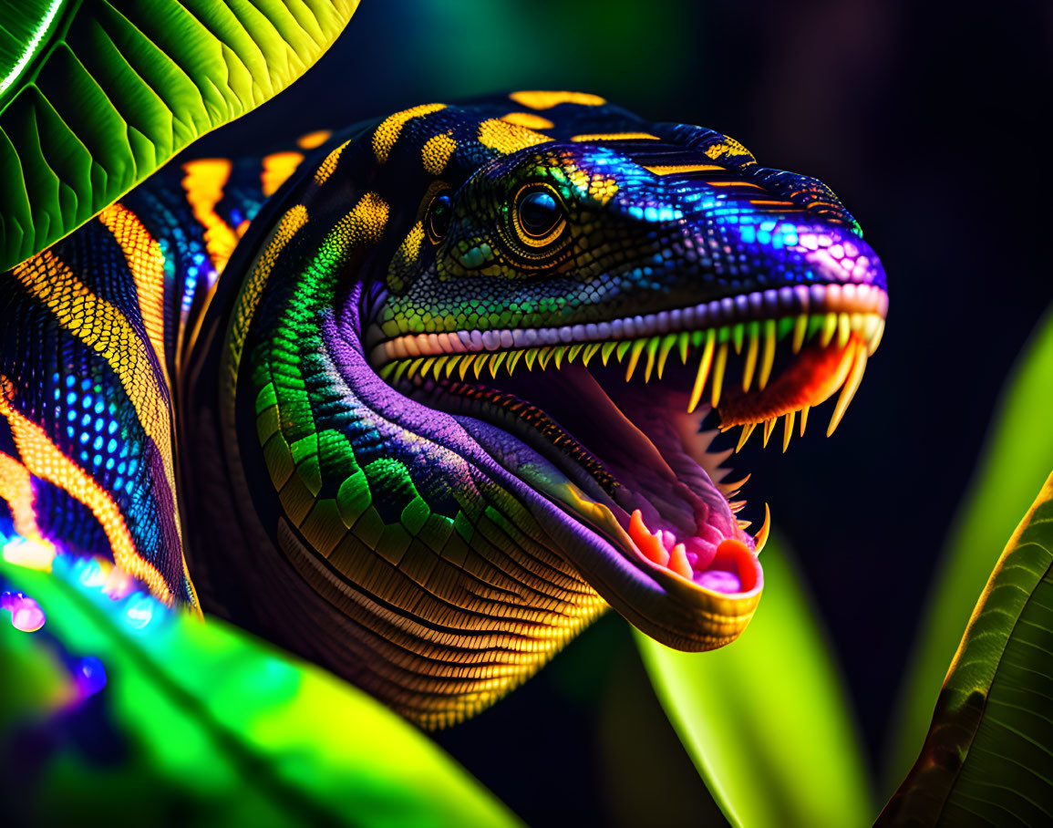 Colorful lizard among green leaves showcasing iridescent scales.