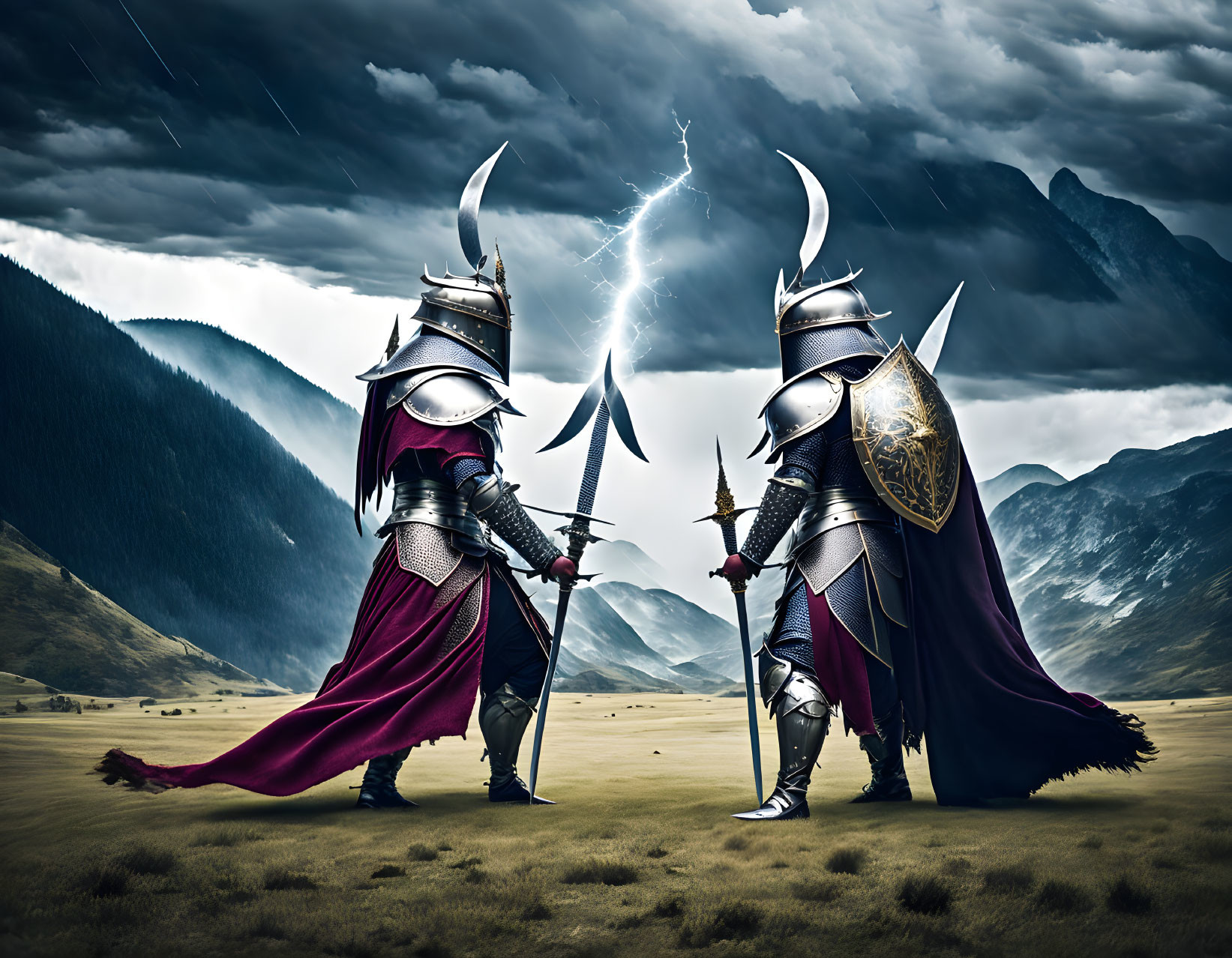 Armored knights with halberds and shields in stormy sky duel.