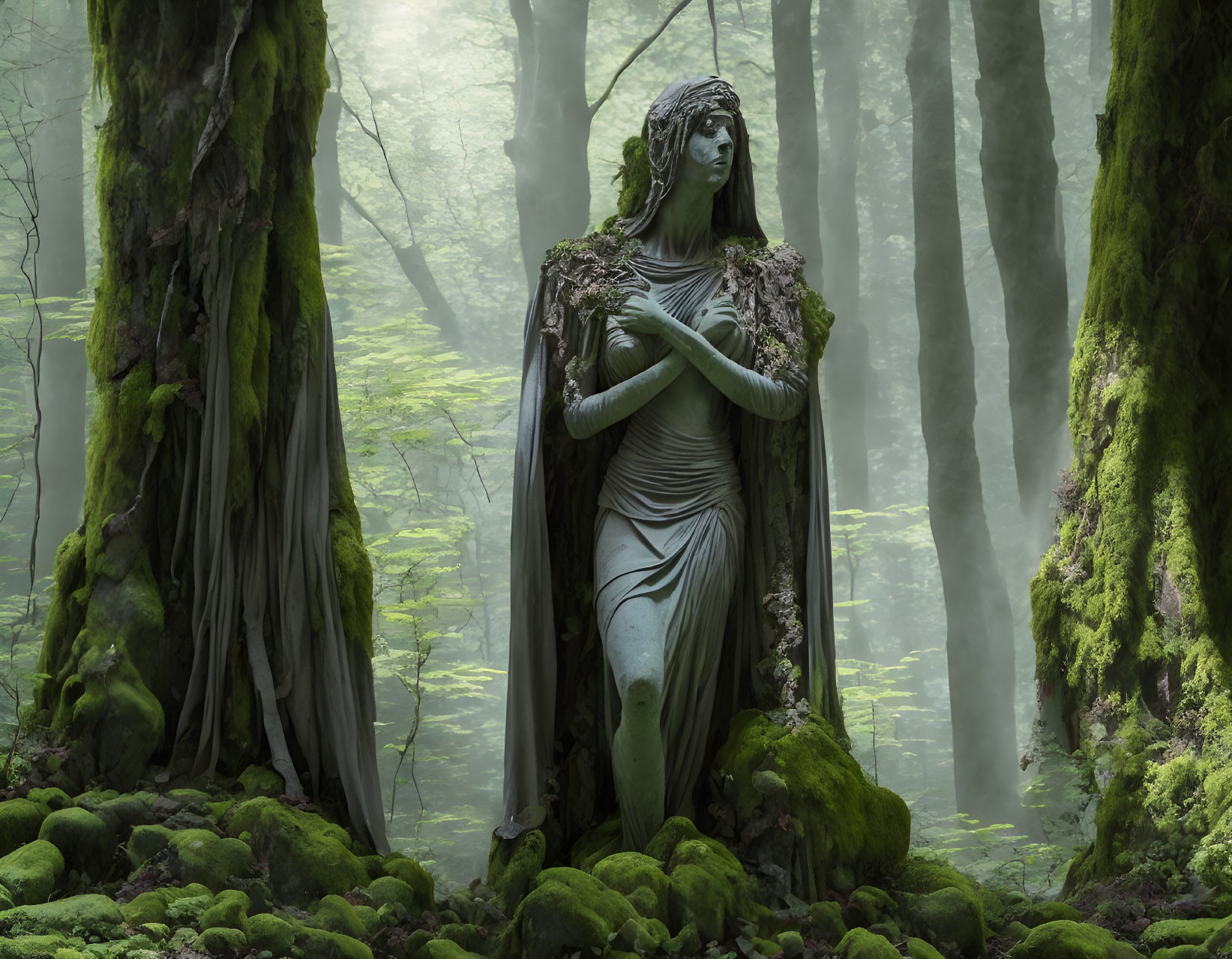 Mystical woman statue in foggy forest with moss-covered trees