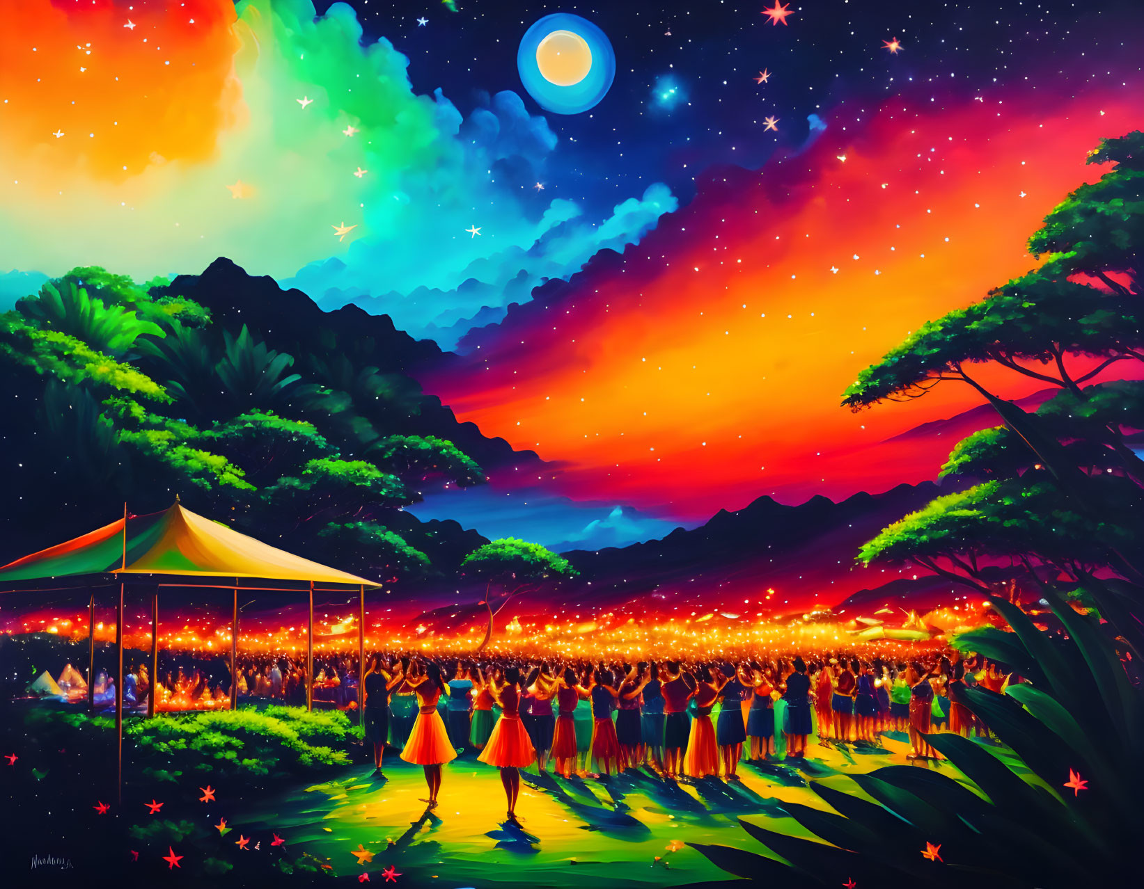 Colorful illustration of festive night gathering with dancing people under starry sky.