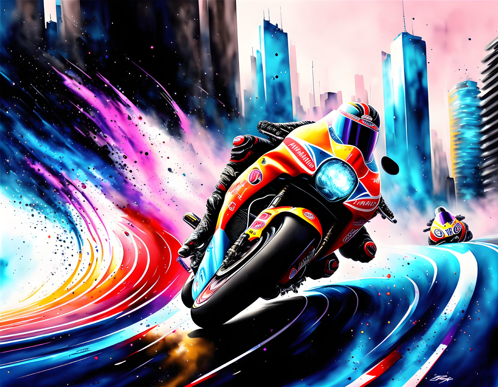 Colorful digital artwork: Futuristic motorcyclist racing in neon cityscape