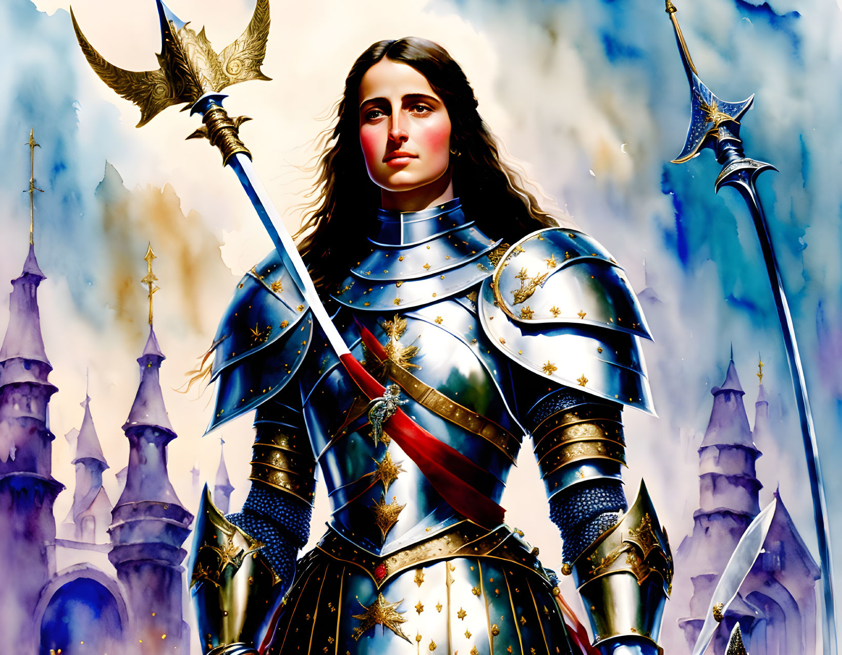 Digital artwork: Woman in medieval armor with castle and clouds