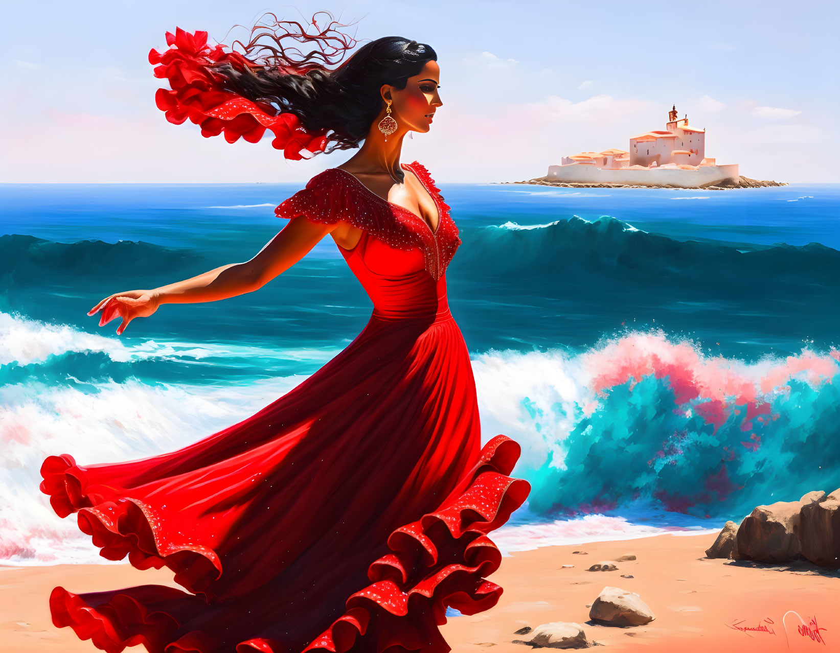 Woman in Red Dress on Beach with Waves and Lighthouse