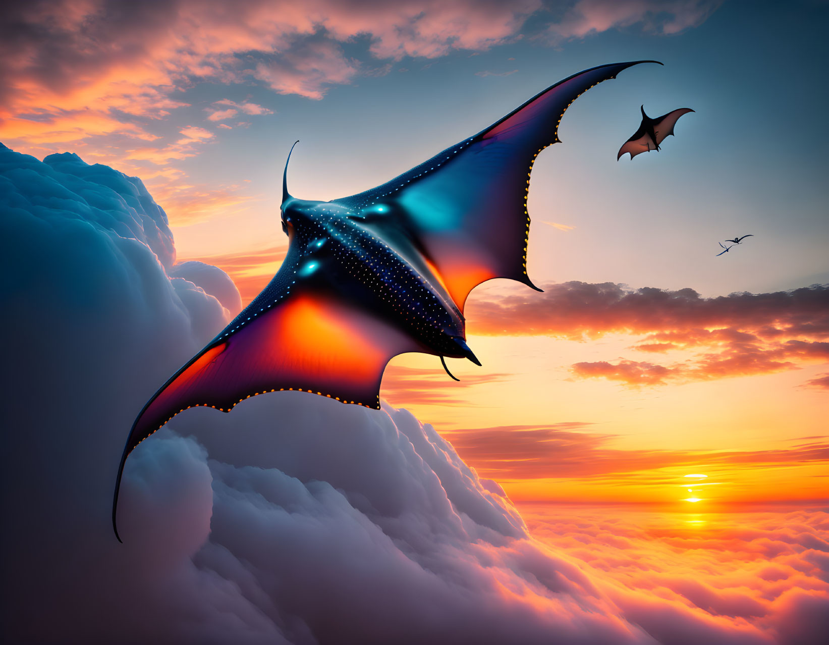 Vibrant sunset sky with colorful futuristic manta ray-like creatures