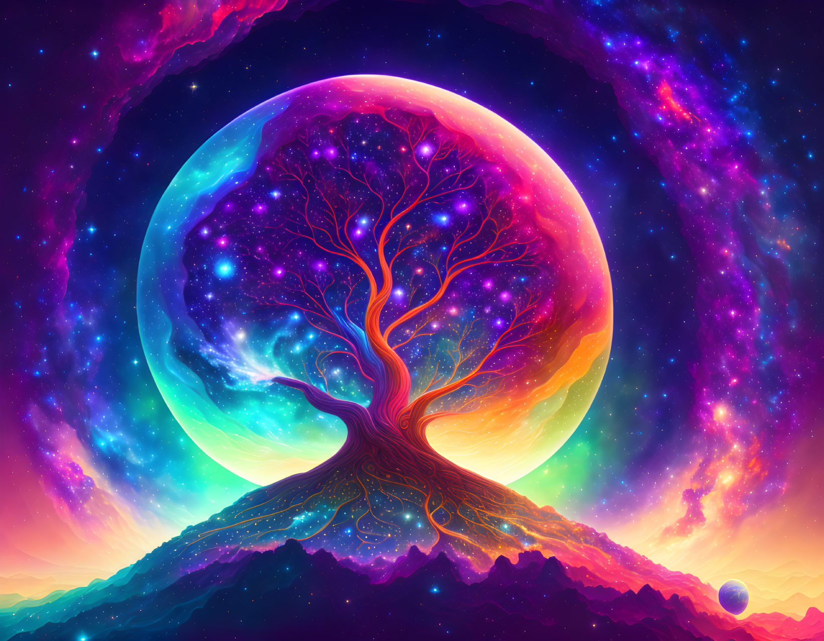 Colorful Tree and Moon in Cosmic Landscape