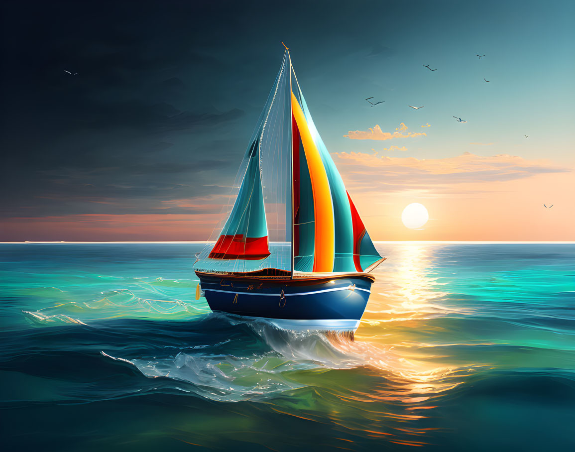 Colorful sailboat sailing on calm seas at sunset with birds and clouds