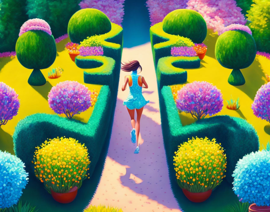 Vibrant woman jogging on colorful pathway with manicured bushes and flower beds.