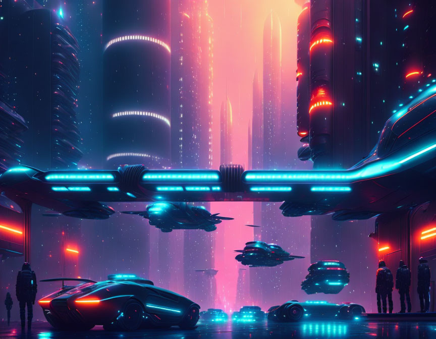 Neon-lit skyscrapers and flying vehicles in futuristic cityscape