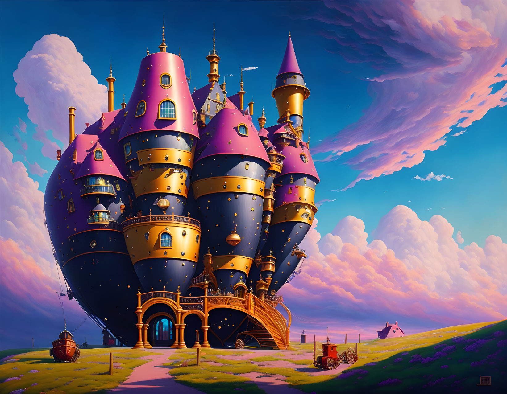 Whimsical castle with purple and gold towers in pastel sky