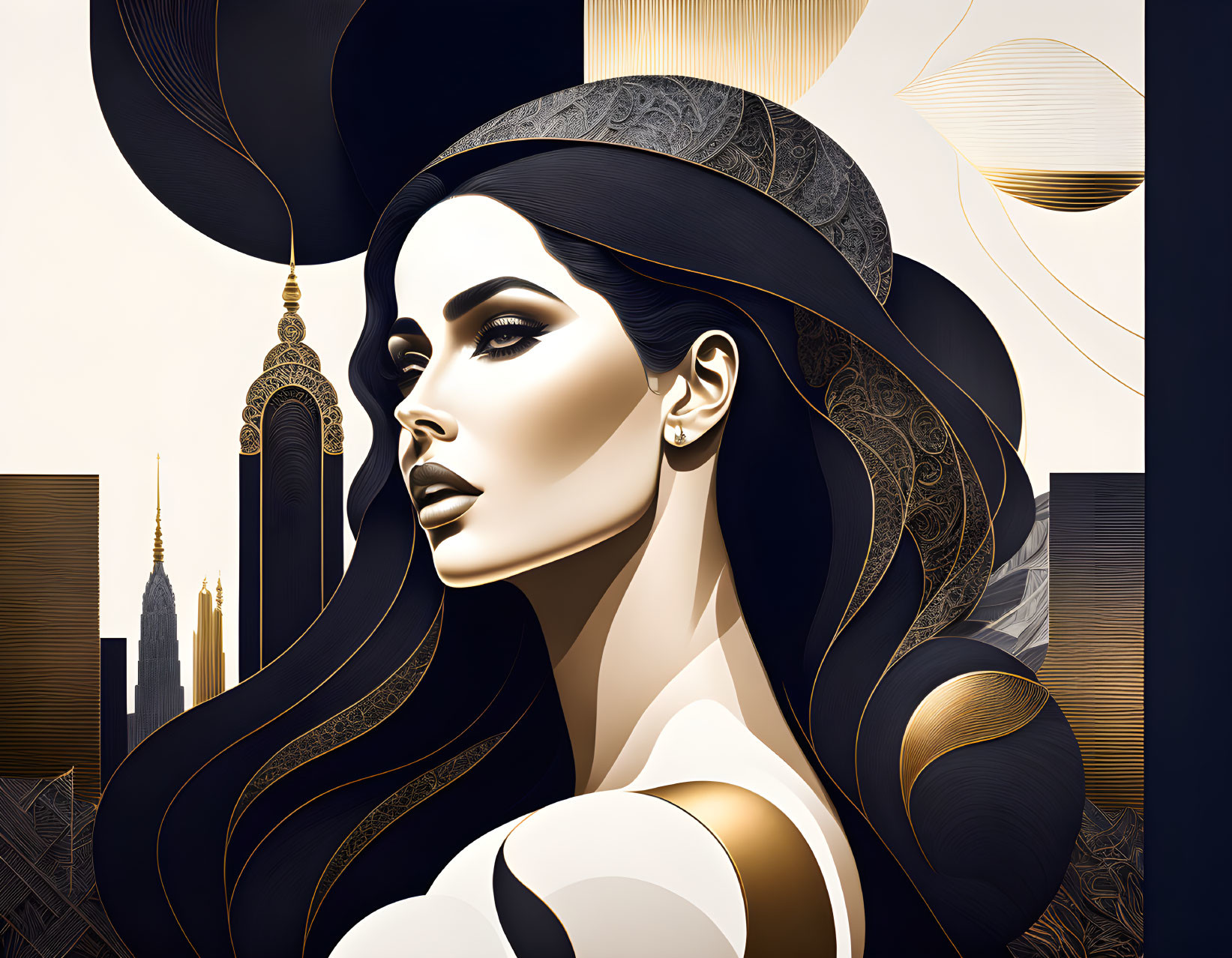 Stylized woman with dark hair and makeup against geometric backdrop