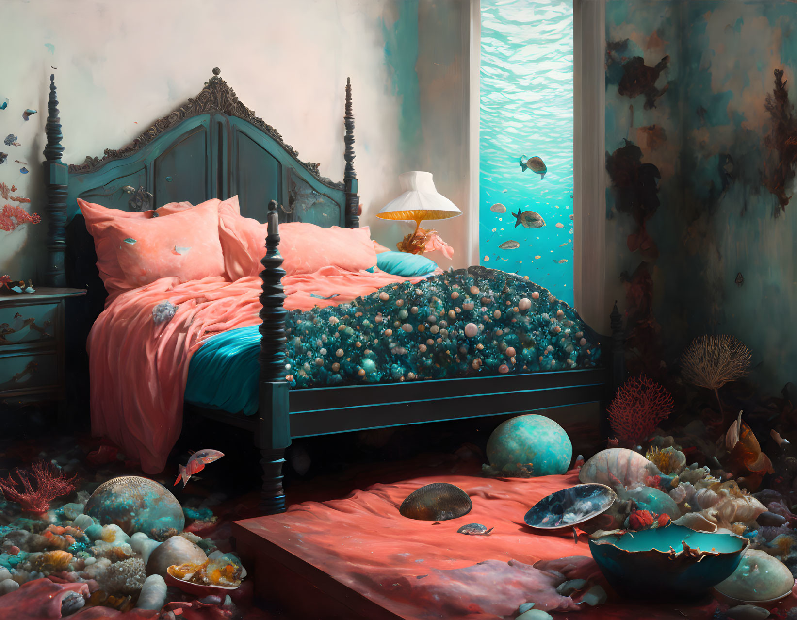 Underwater-themed bedroom with shell-shaped bed, coral floor, and ocean view window