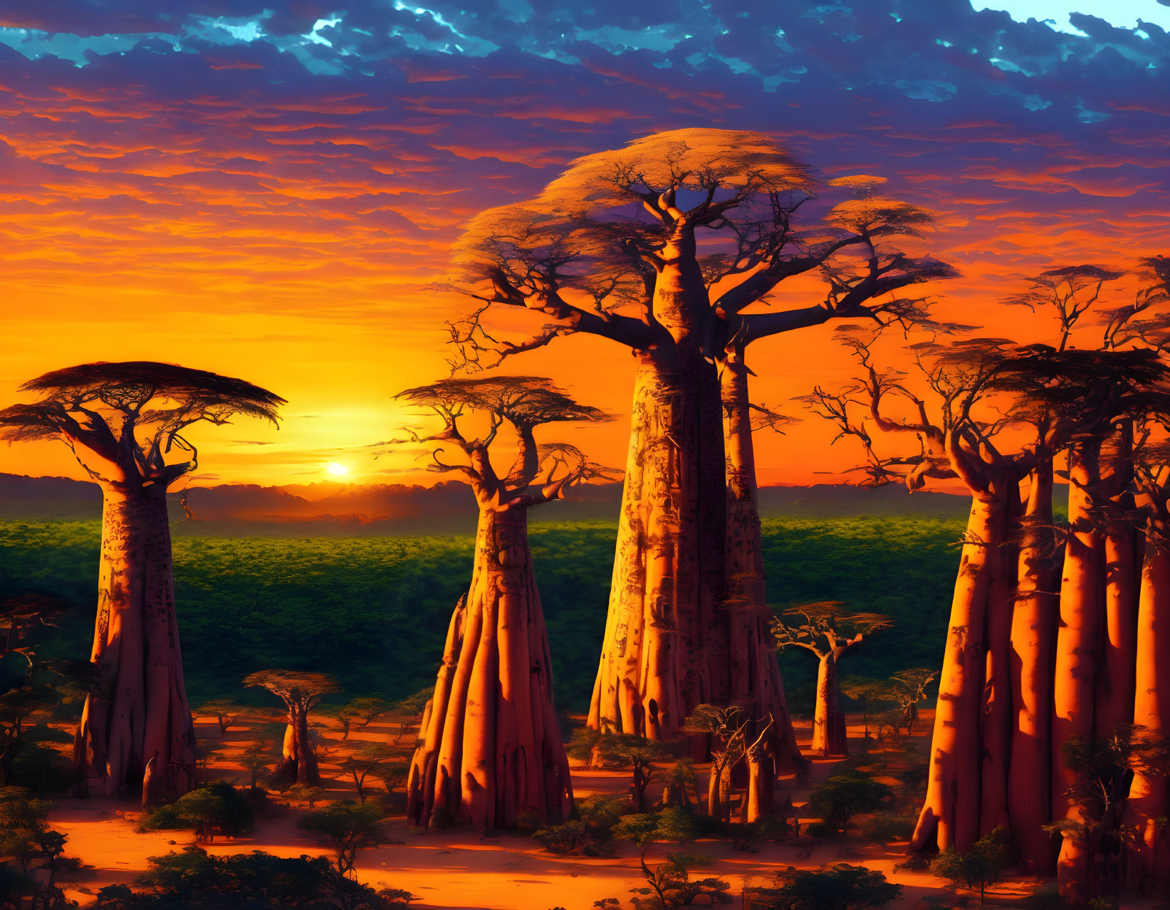 African savannah landscape with baobab trees under vibrant sunset sky
