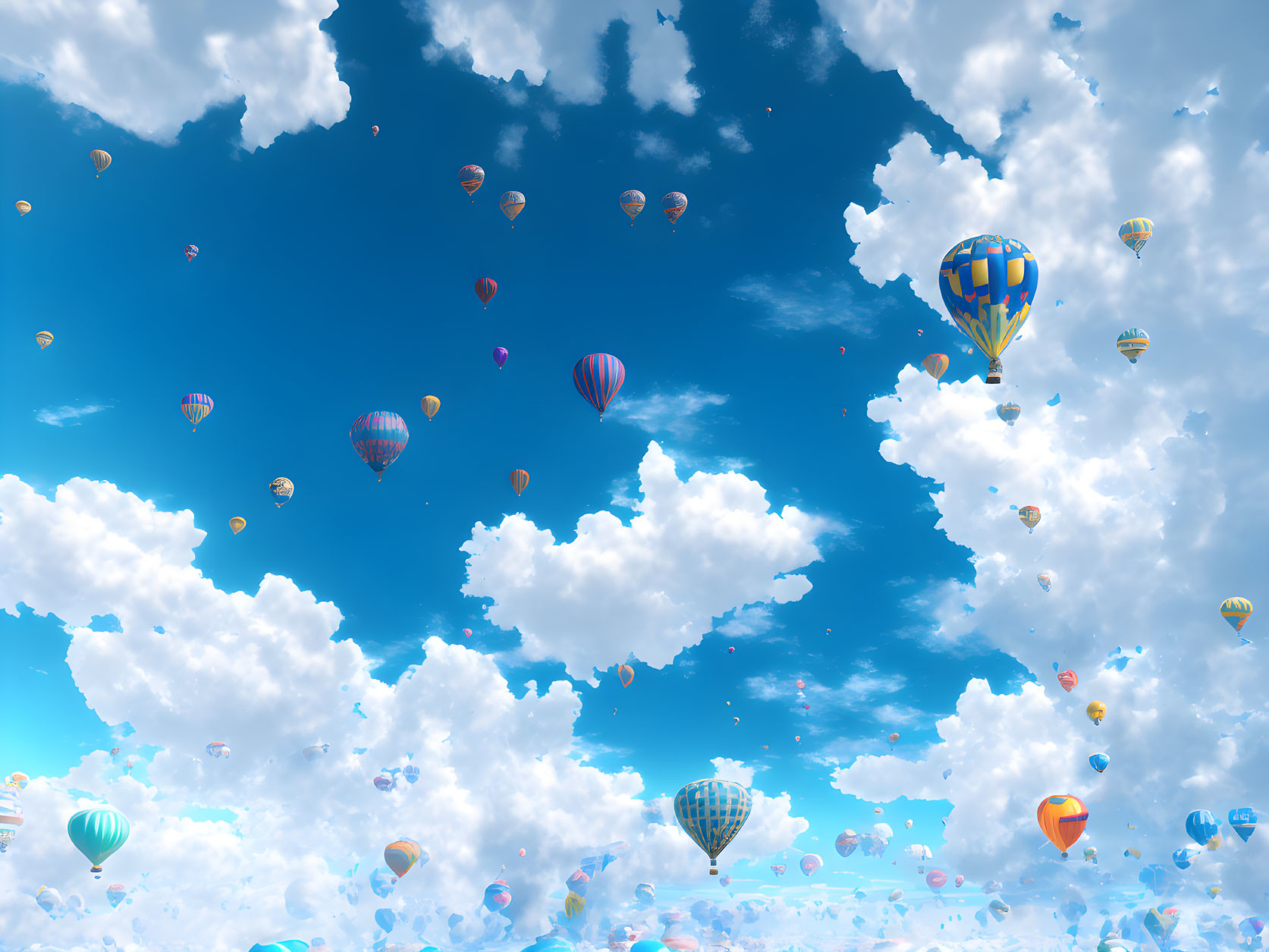 Colorful hot air balloons float in serene sky with fluffy clouds