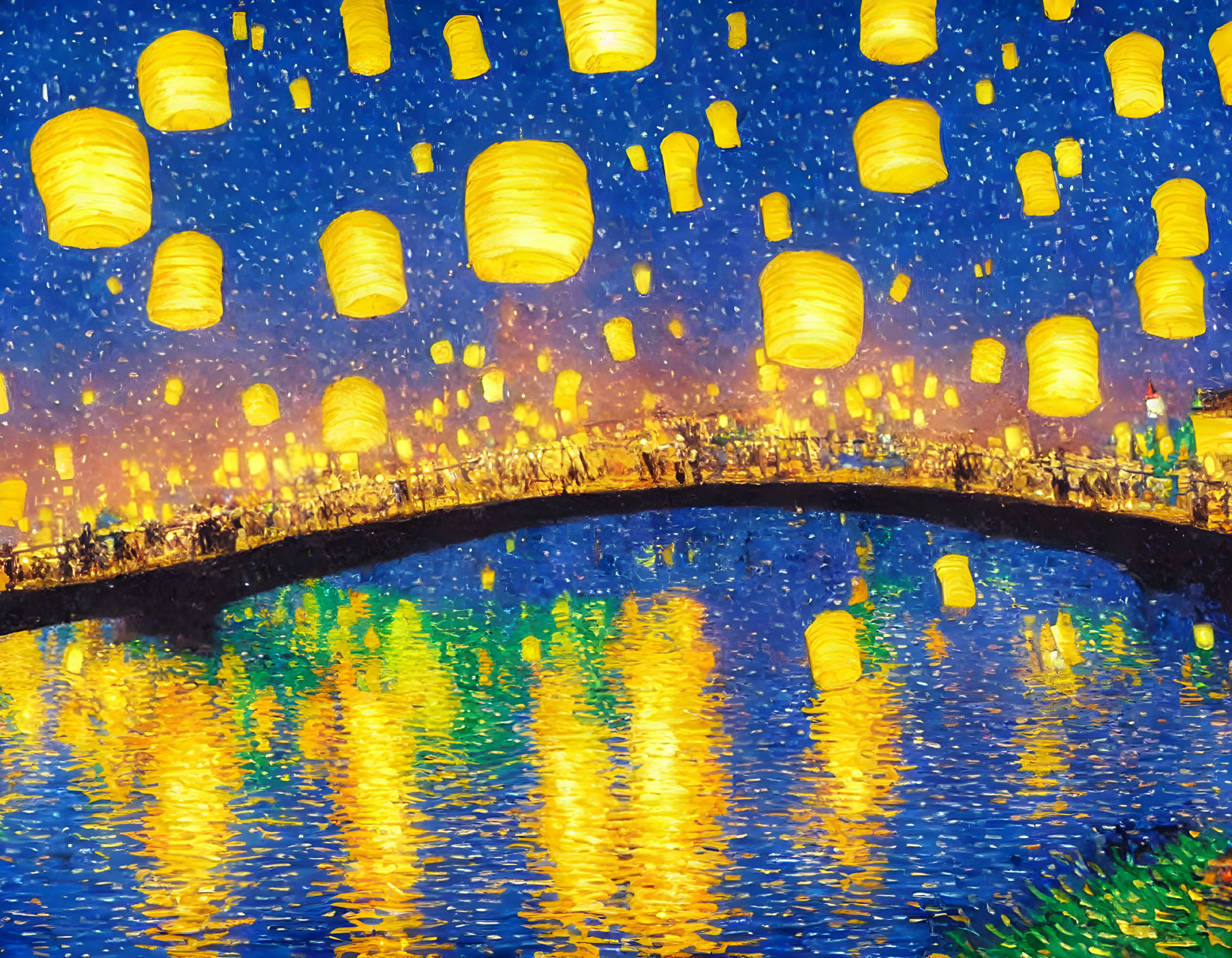 Starry Night Scene: Bridge, Lanterns & Water Reflections