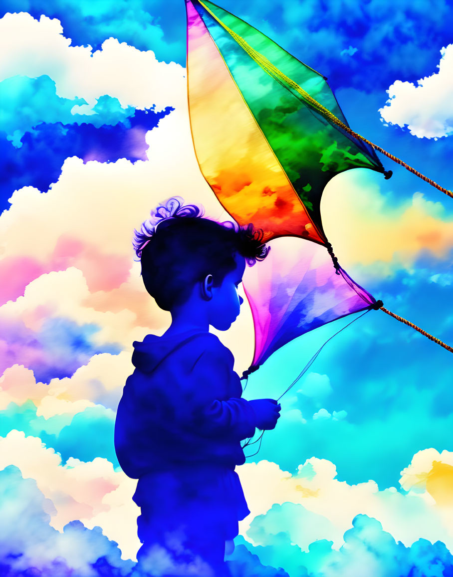 Child holding colorful kite against vibrant tie-dye sky with clouds.