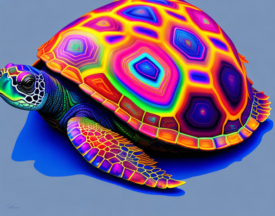 Colorful Turtle Artwork with Psychedelic Shell and Blue Background