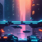 Neon-lit skyscrapers and flying vehicles in futuristic cityscape