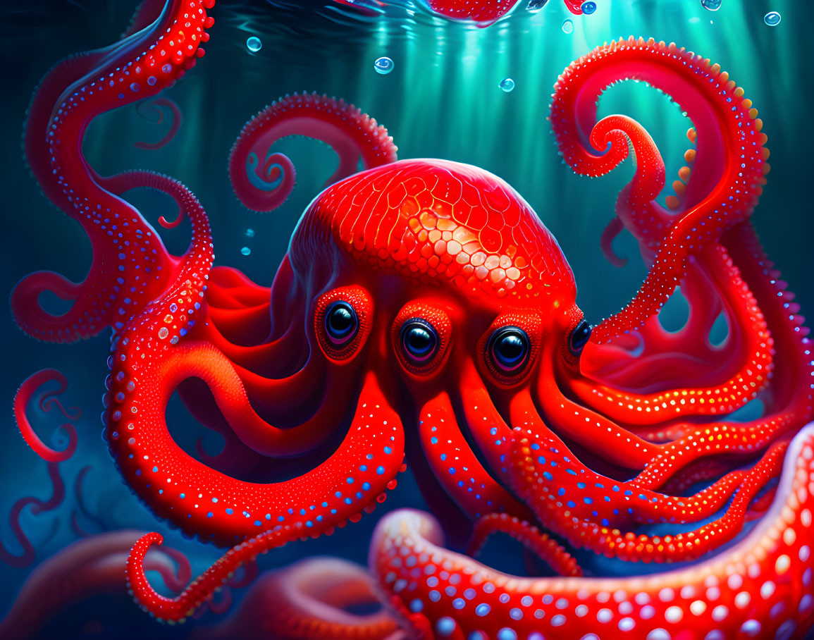 Colorful Red Octopus Artwork with Three Eyes and Swirling Tentacles