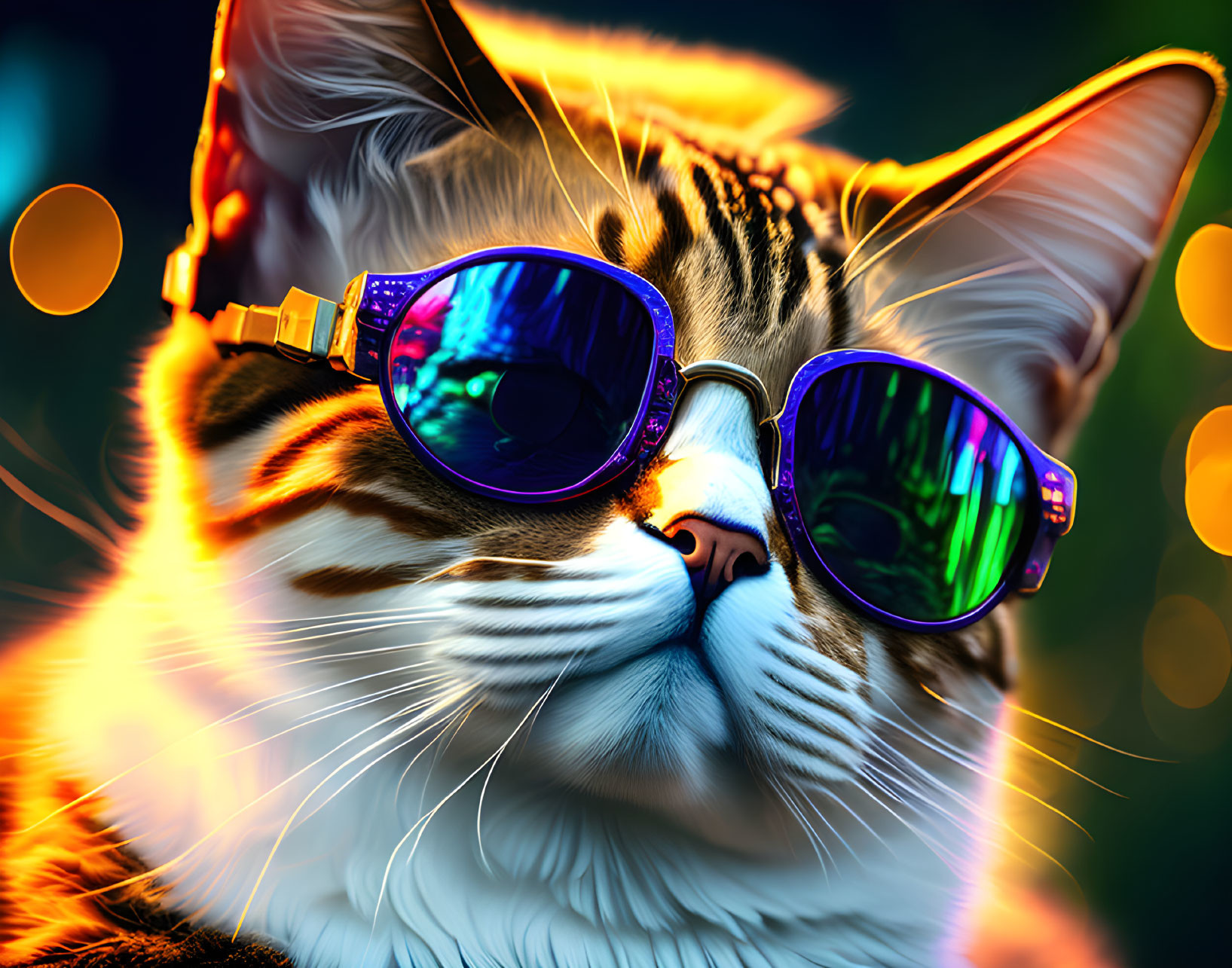 Colorful Sunglasses Cat in Vibrant Bokeh Background