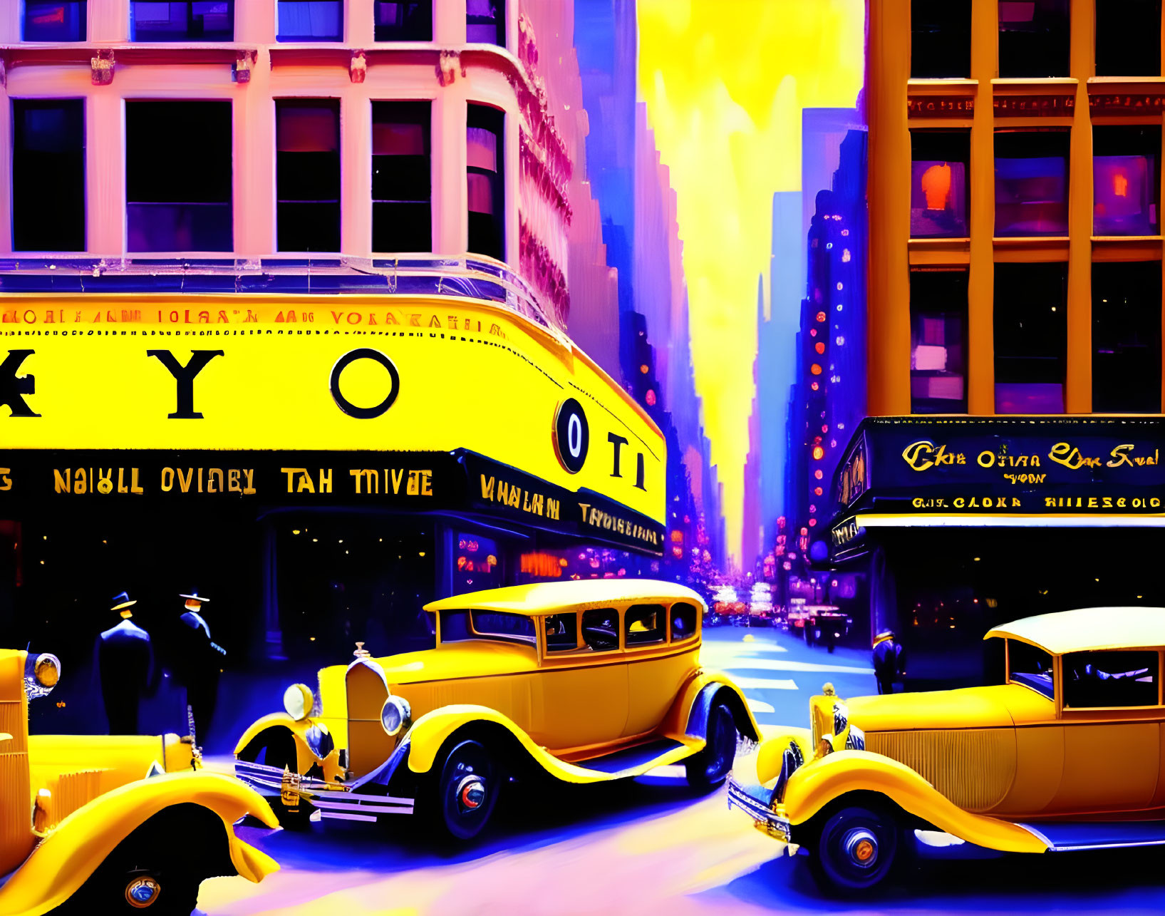 Colorful Vintage City Street Scene with Retro Cars and Neon Signs