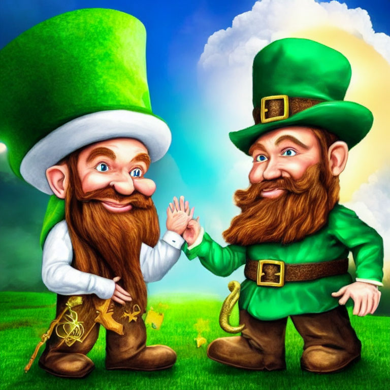 Cheerful leprechauns in green outfits whispering against vibrant backdrop