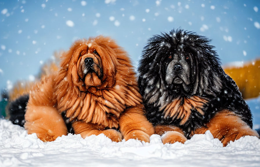 Two Tibetan Mastiffs Resting in Snowfall