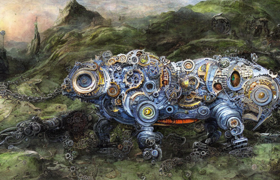 Mechanical rhinoceros sculpture in rocky landscape with gears and chains